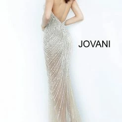 Jovani 2609 Long Nude Sheer Crystal Embellished Prom Pageant Dress Sheath Sexy Long Sleeve Dresses