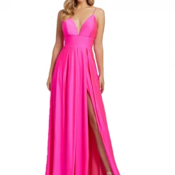 Mac Duggal IEENA 26165 Long V Neck Maxi Slit Formal Prom Dress Neon Gown