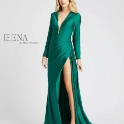 Mac Duggal IEENA 26250 Prom Dress Long Sleeve V Neck Formal Evening Gown Slit Long Sleeve Dresses
