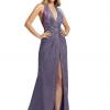 Mac Duggal IEENA 26341 Lavender Prom Dress Long Iridescent Shimmer Halter Slit V Neck Backless Dresses
