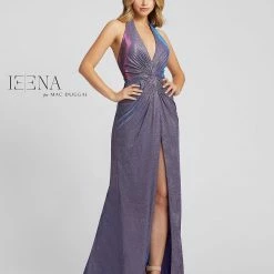 Mac Duggal IEENA 26341 Lavender Prom Dress Long Iridescent Shimmer Halter Slit V Neck Backless Dresses
