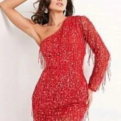 Jovani 2645 Short One Shoulder Cocktail Dress Fringe Embellished Fitted Long Sleeve Sequin Dresses