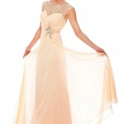 In Stock CLEARANCE Precious Formals Lux Gal 70102 Size 6 Peach Sheer Lace High Neck Dress Mother