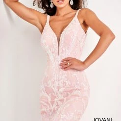 Jovani 2667 Blush/White Homecoming Dress Short Fitted Sequin Beaded V Neckline Cocktail Dress