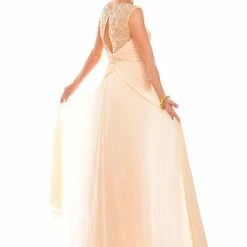 In Stock CLEARANCE Precious Formals Lux Gal 70102 Size 6 Peach Sheer Lace High Neck Dress Mother