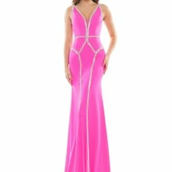 In Stock Colors 2696 Size 12 Hot Pink Long Fitted Crystal Embellished V Neck Prom Dress Pageant Gown
