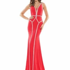 In Stock Colors 2696 Size 12 Hot Pink Long Fitted Crystal Embellished V Neck Prom Dress Pageant Gown