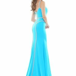 In Stock Colors 2696 Size 4 Turquoise Long Fitted Crystal Embellished V Neck Prom Dress Pageant Gown
