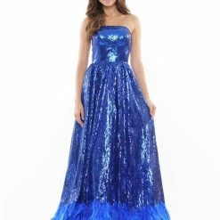 Colors 2775 Long Sequin Strapless A Line Ballgown Feather Prom Dress Pageant Gown Backless Dresses