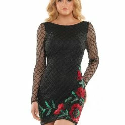 Long Sleeve Dresses Colors 2803 Short Fitted Sheer Long Sleeve Rose Embellished Formal Cocktail Dress