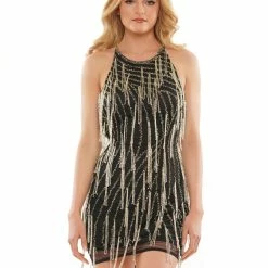 Backless Dresses Colors 2813 Short Fitted High Neck Backless Beaded Fringe Formal Cocktail Dress