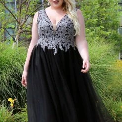 Sydney's Closet SC7298 Sleeveless Tulle Prom Dress Ball Gown Plus Sized Lace Top SC 7298