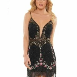 Backless Dresses Colors 2901 Short Fitted Beaded Floral Formal Cocktail Dress Fringe Tassels Backless