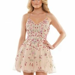 Sequin Dresses Colors 2902 Short A Line Fit & Flare Formal Cocktail Dress Sequin Floral Embellishments