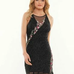 Colors 2904 Short Fitted High Neck Formal Cocktail Dress 3D Floral Sequins Backless