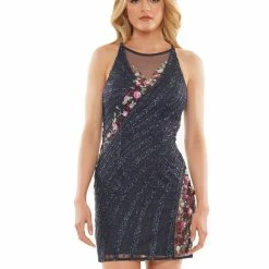 Colors 2904 Short Fitted High Neck Formal Cocktail Dress 3D Floral Sequins Backless