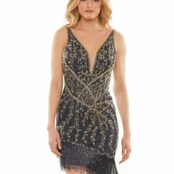 Colors 2905 Short Asymmetrical Beaded Fringe Formal Cocktail Dress V Neck Party Gown