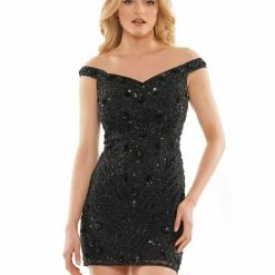 Colors 2906 Short Fitted Off The Shoulder Formal Cocktail Dress 3D Floral Sequins Hand Beaded