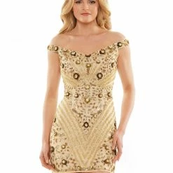 Colors 2906 Short Fitted Off The Shoulder Formal Cocktail Dress 3D Floral Sequins Hand Beaded