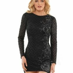 Long Sleeve Dresses Colors 2907 Short Fitted Sheer Long Sleeve Beaded Formal Cocktail Dress High Neck Gown