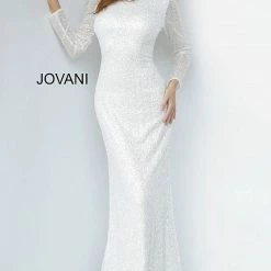 Sequin Dresses Jovani 2927 Long White Sequin Glitter Long Sleeve Wedding Dress Evening Gown