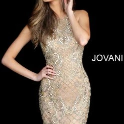 Jovani 2975 Short Fitted Beaded High Neck Cocktail Dress Formal Sheer Gown Sequin Dresses