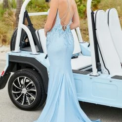 Amarra 20019 Embellished Fitted Jersey Prom Dress With A Plunging V Neckline Bodice, Lace Up Back, And A Slit Skirt. Backless Dresses