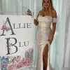 In Stock Allie Blu 6540 Size 4 Long Sequin Fitted Off The Shoulder Prom Dress Evening Gown
