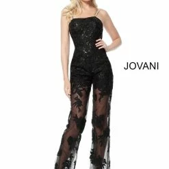 Jovani Bridal Jovani 59225 Sheer Sequin Embellished Lace Jumpsuit Formal Long Body Suit Jumpsuits & Rompers