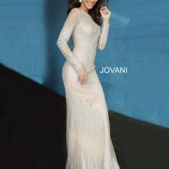 Discontinued Jovani 3601 Boat Neckline Nude Long Sleeve Fitted Evening Gown Long Sleeve Dresses