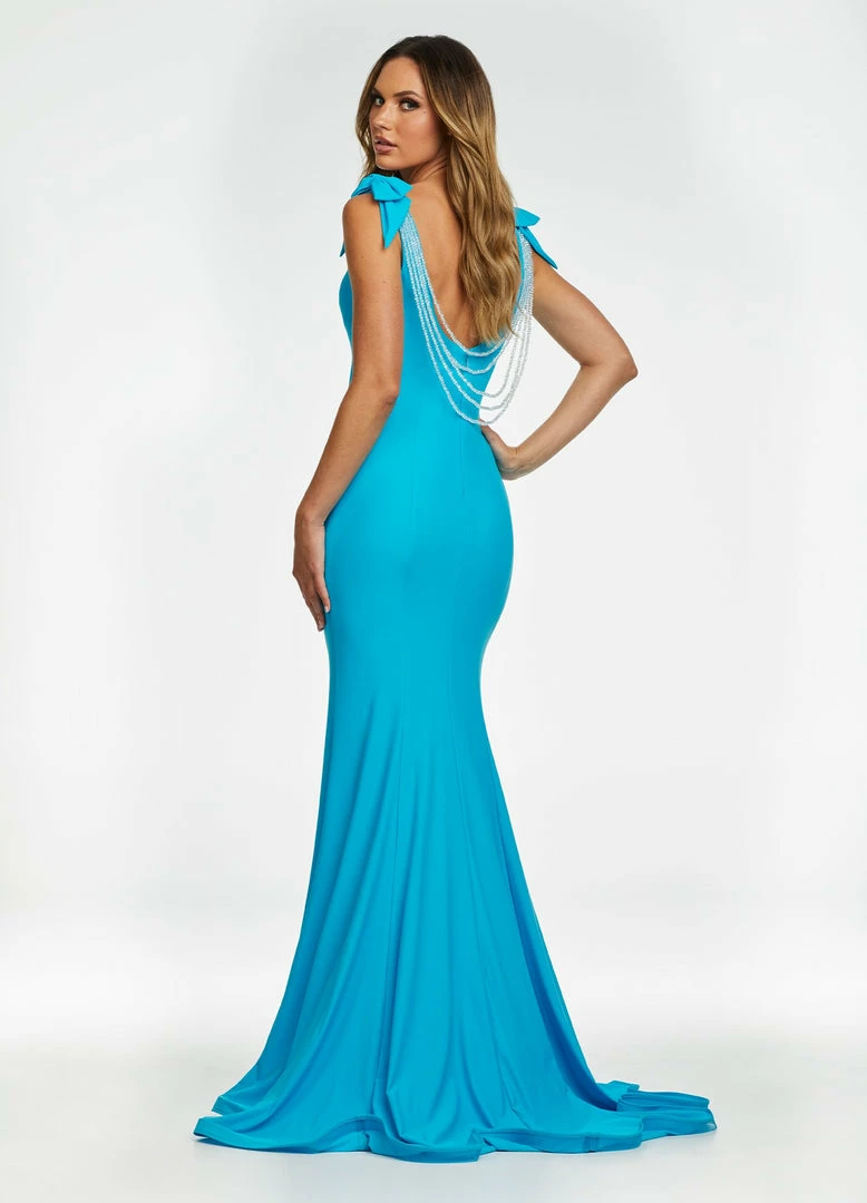 Ashleylauren Ashley Lauren 11183 Jersey Evening Gown With Bows & Draped Details In The Back 11 Ashleylauren Ashley Lauren 11183 Jersey Evening Gown With Bows & Draped Details In The Back