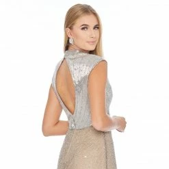 Ashleylauren Ashley Lauren 4331 Cap Sleeve High Neck Liquid Beading Cocktail Dress