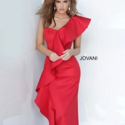 Jovani 02616 One Shoulder Ruffle Tea Length Cocktail Dress