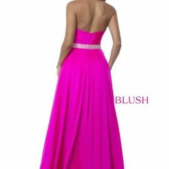 In Stock Blush Prom 11960 Size 12 Jersey A Line Strapless Prom Dress Crystal Belt Neon Pink