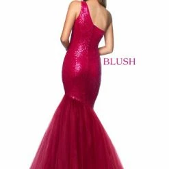 Mermaid Dresses Blush Prom 20219 One Shoulder Sequin Tulle Mermaid Prom Dress Pageant Gown