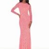 Ashleylauren Sequin Dresses Ashley Lauren 1985 Hot Pink Evening Dress Sheer Long Sleeves Beaded Prom Dress Pageant Gown