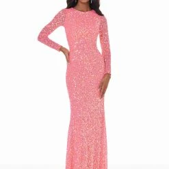 Ashleylauren Sequin Dresses Ashley Lauren 1985 Hot Pink Evening Dress Sheer Long Sleeves Beaded Prom Dress Pageant Gown