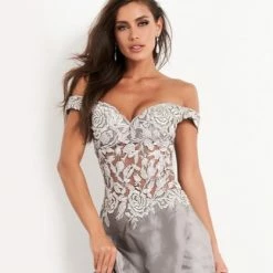 Jovani 03369 Grey Off The Shoulder Evening Dress Satin A Line Mother Of The Bride Gown