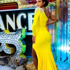 Johnathan Kayne 2224 One Long Sleeve Fitted Prom Dress With Side Slit Pageant Gown