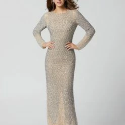 Discontinued Primavera Couture 3361 Evening Gown Long Sleeves Fitted Beaded Long Formal Dress