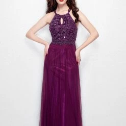 Discontinued Long Sleeve Dresses Primavera Couture 3005 Long High Neck Keyhole A Line Beaded Formal Dress Prom