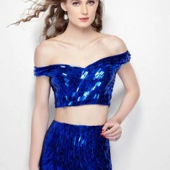 In Stock Mermaid Dresses Primavera Couture 3008 Size 12 Two Piece Sequin Prom Dress Off The Shoulder Slit
