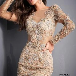Jovani 3011 Short Fitted Long Sleeves Sheer Embellished Cocktail Dress Formal Long Sleeve Dresses