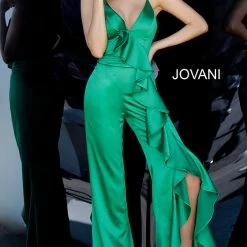 Jumpsuits & Rompers Jovani 3012 V Neckline Ruffle Satin Jumpsuit
