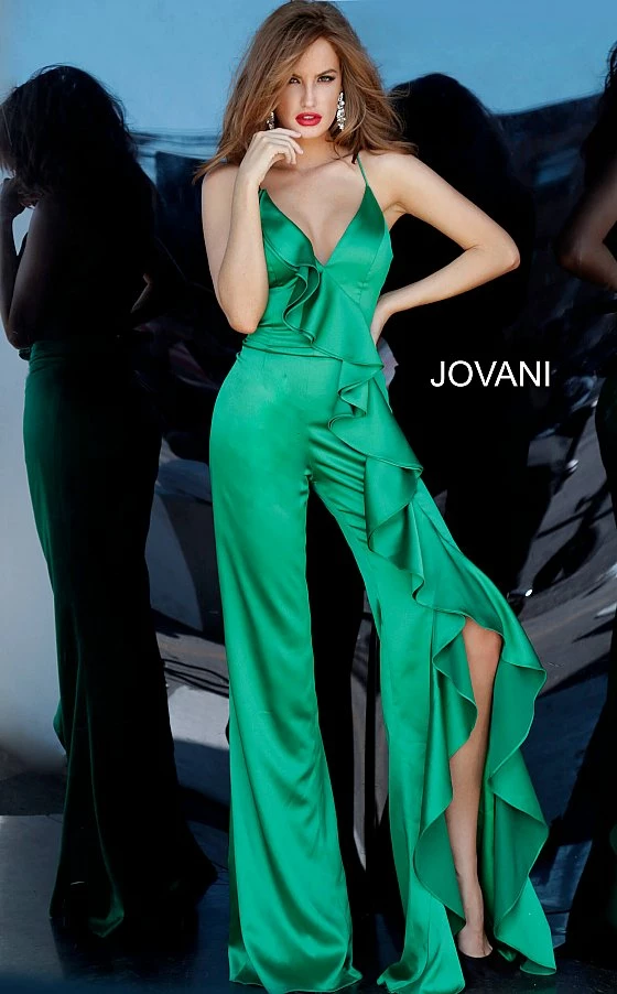 Jumpsuits & Rompers Jovani 3012 V Neckline Ruffle Satin Jumpsuit 3 Jumpsuits & Rompers Jovani 3012 V Neckline Ruffle Satin Jumpsuit