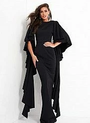 Long Sleeve Dresses Jovani 3018 Fitted Flare Sleeves Scuba Evening Dress Ruffle Layered Long Sleeves