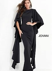 Long Sleeve Dresses Jovani 3018 Fitted Flare Sleeves Scuba Evening Dress Ruffle Layered Long Sleeves