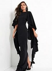 Long Sleeve Dresses Jovani 3018 Fitted Flare Sleeves Scuba Evening Dress Ruffle Layered Long Sleeves