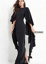 Long Sleeve Dresses Jovani 3018 Fitted Flare Sleeves Scuba Evening Dress Ruffle Layered Long Sleeves