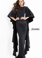 Long Sleeve Dresses Jovani 3018 Fitted Flare Sleeves Scuba Evening Dress Ruffle Layered Long Sleeves